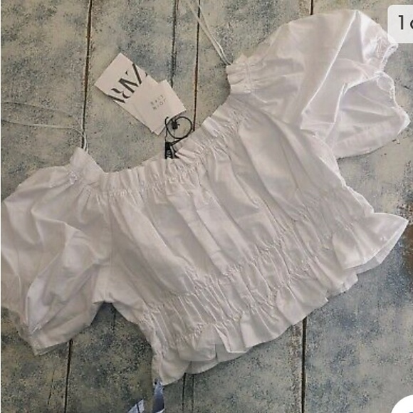 Zara Tops - ZARA Womens BALLOON Sleeve Crop Top 3564 102  White 100% Cotton Sz Small Elastic